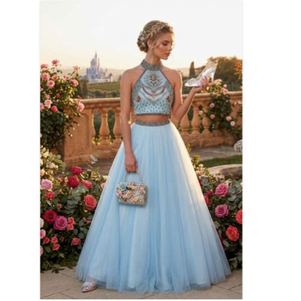 Sherri Hill Blue FULL Tulle Skirt Prom Dress Gown Cosplay Cinderella Fairy XS 2